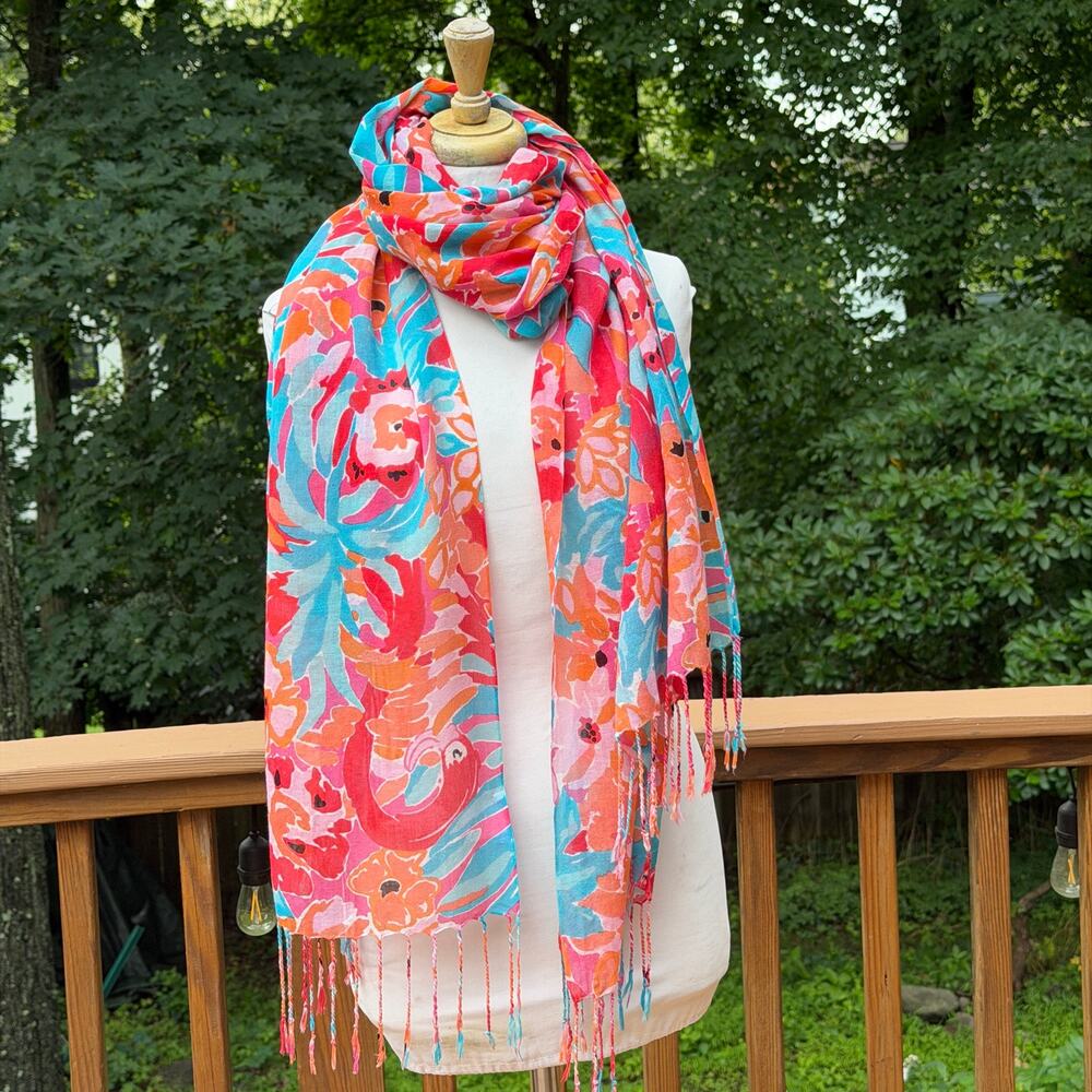 Lilly Pulitzer Silk Cashmere Tropical Flamingo Fringe Scarf Wrap - Picture 10 of 13